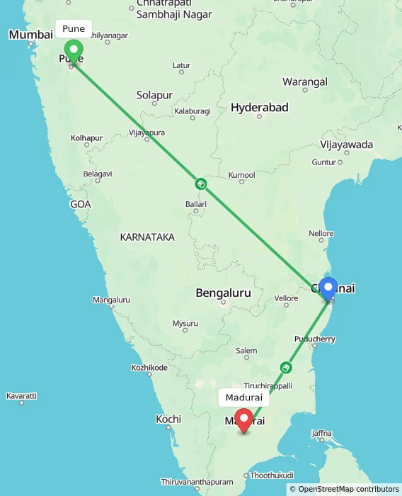 Route map showing distance and travel time from Pune, India to Madurai, India
