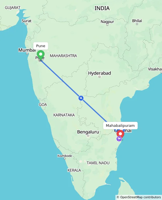 Route map showing distance and travel time from Pune, India to Mahabalipuram, India