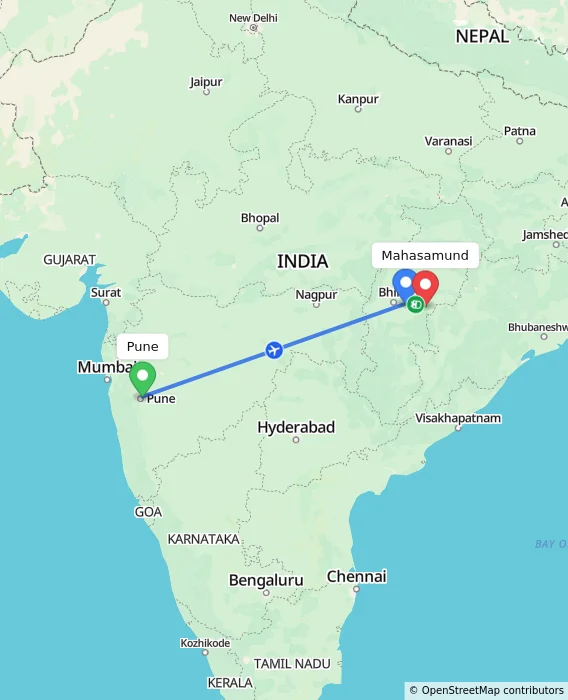 Route map showing distance and travel time from Pune, India to Mahasamund, India
