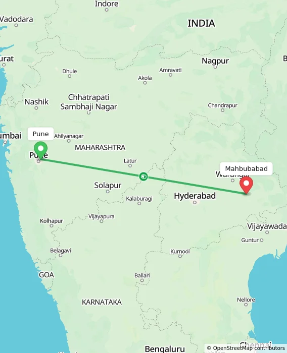 Route map showing distance and travel time from Pune, India to Mahbubabad, India
