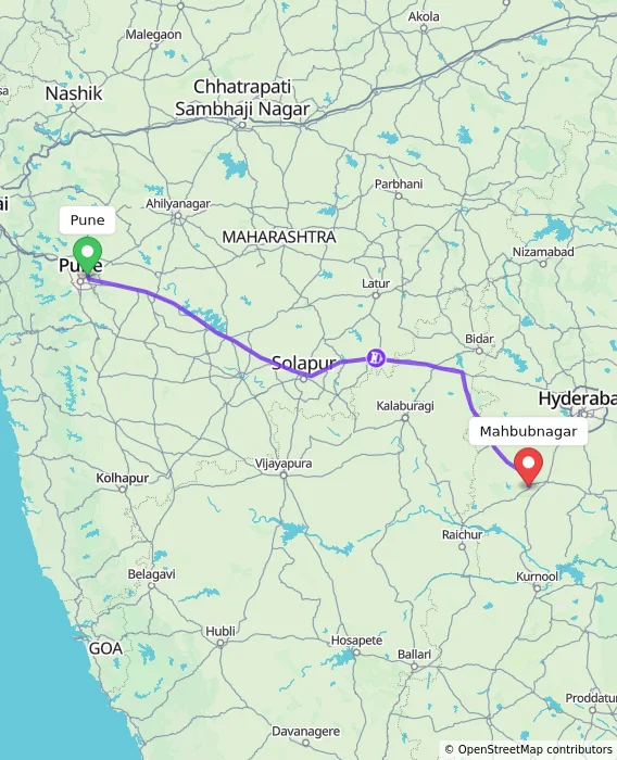 Route map showing distance and travel time from Pune, India to Mahbubnagar, India