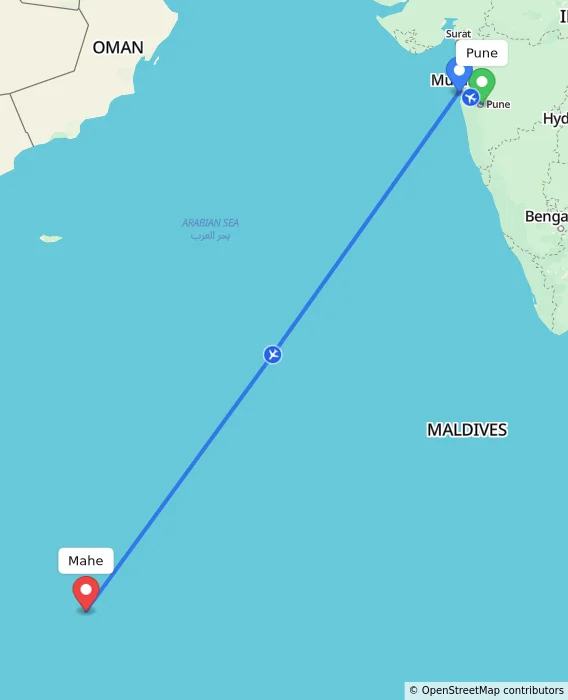 Route map showing distance and travel time from Pune, India to Mahe, Seychelles