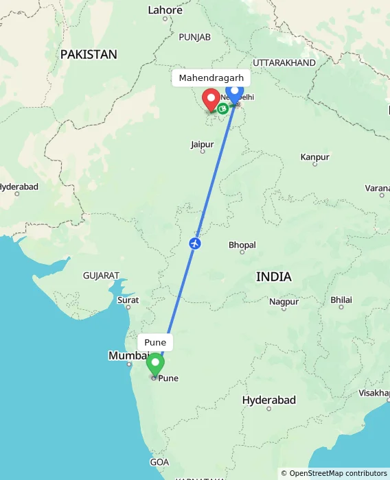 Route map showing distance and travel time from Pune, India to Mahendragarh, India