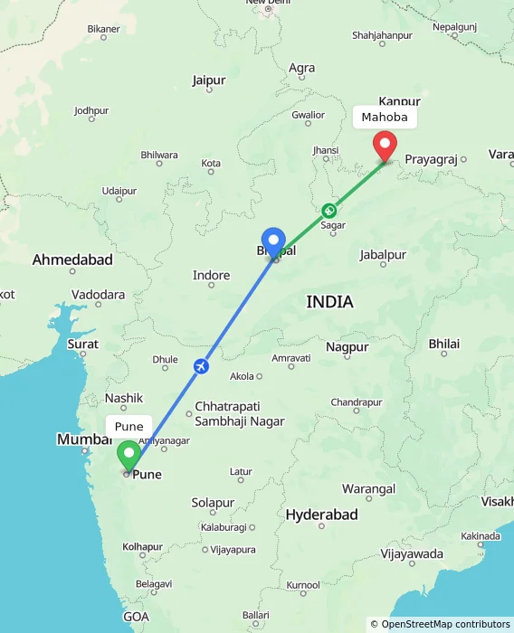 Route map showing distance and travel time from Pune, India to Mahoba, India