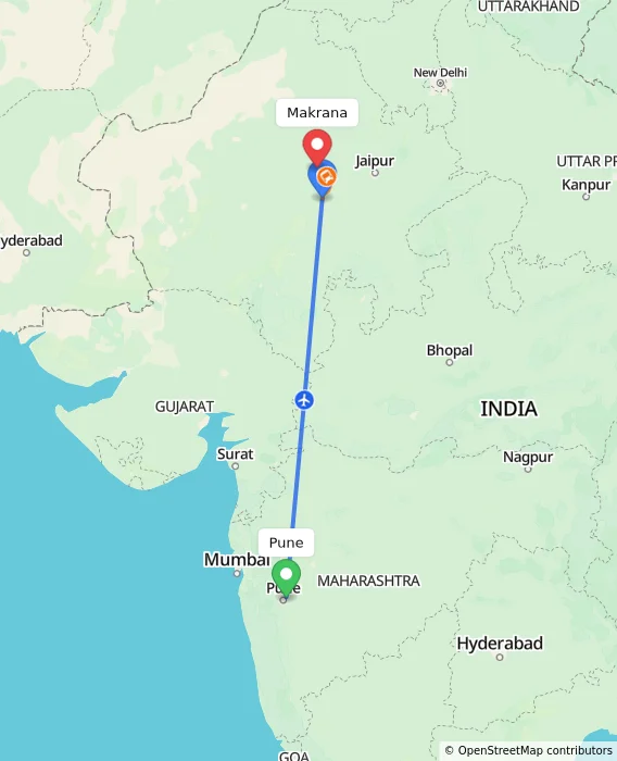 Route map showing distance and travel time from Pune, India to Makrana, India