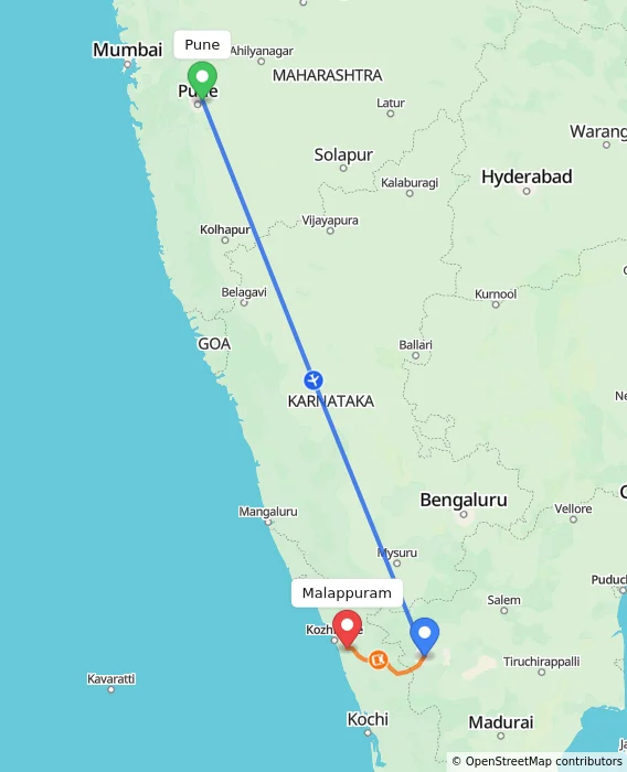 Route map showing distance and travel time from Pune, India to Malappuram, India