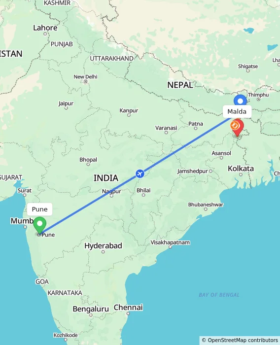 Route map showing distance and travel time from Pune, India to Malda, India