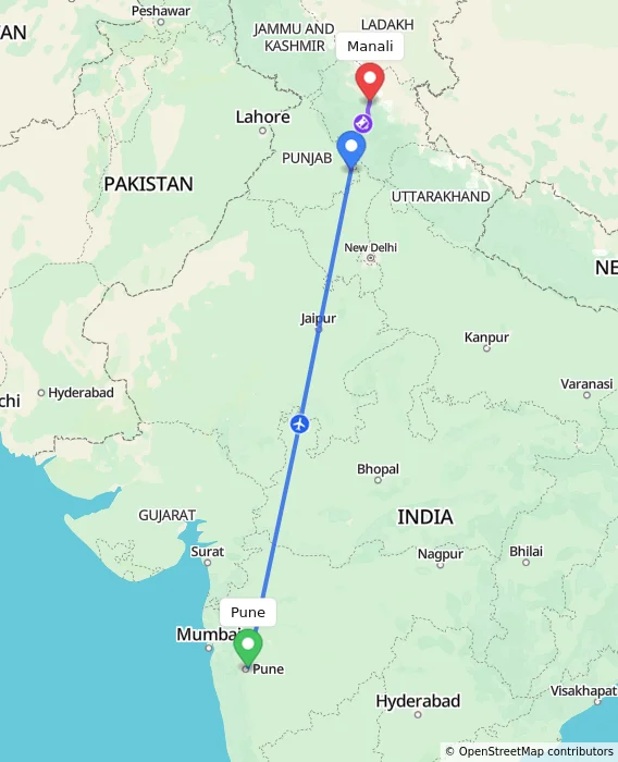 Route map showing distance and travel time from Pune, India to Manali, India