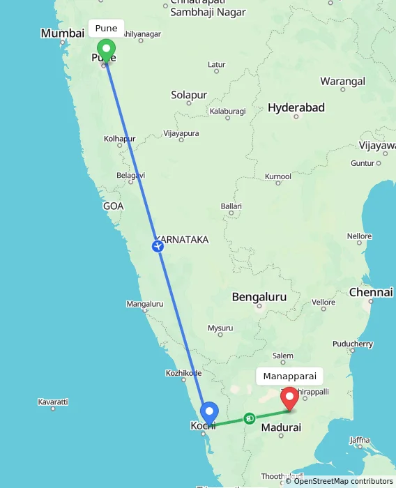 Route map showing distance and travel time from Pune, India to Manapparai, India