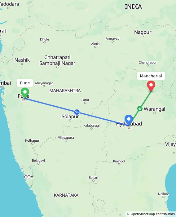 Route map showing distance and travel time from Pune, India to Mancherial, India
