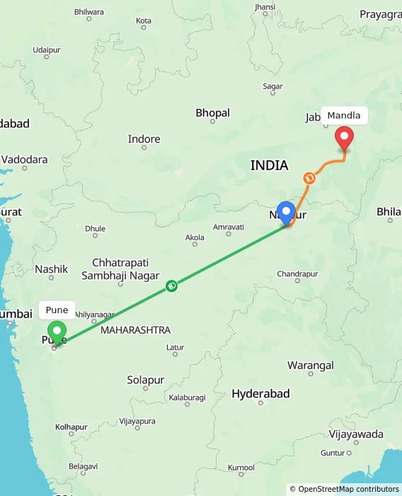 Route map showing distance and travel time from Pune, India to Mandla, India