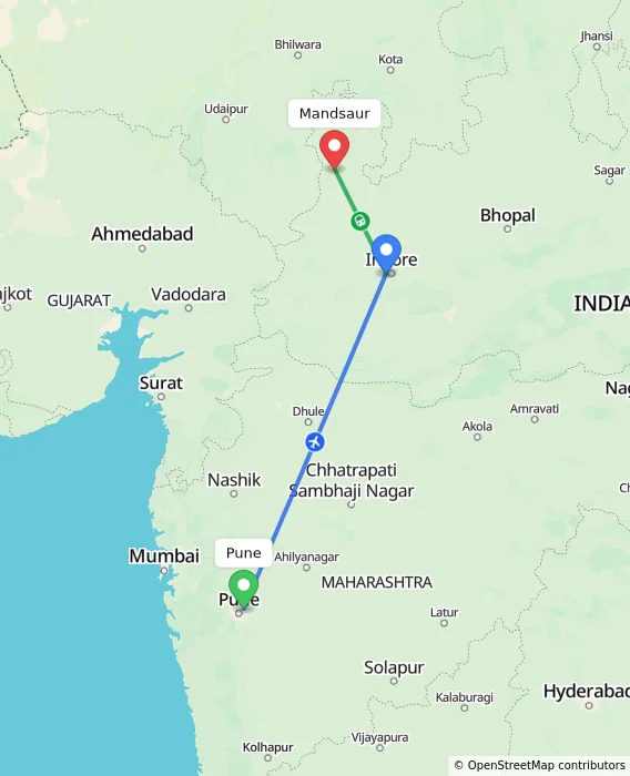 Route map showing distance and travel time from Pune, India to Mandsaur, India
