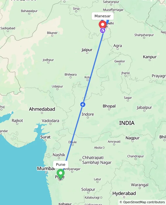 Route map showing distance and travel time from Pune, India to Manesar, India