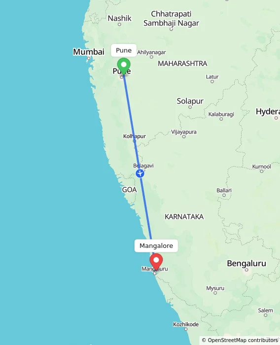 Route map showing distance and travel time from Pune, India to Mangalore, India