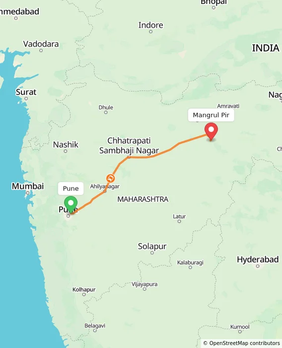 Route map showing distance and travel time from Pune, India to Mangrul Pir, India