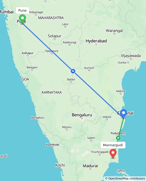 Route map showing distance and travel time from Pune, India to Mannargudi, India