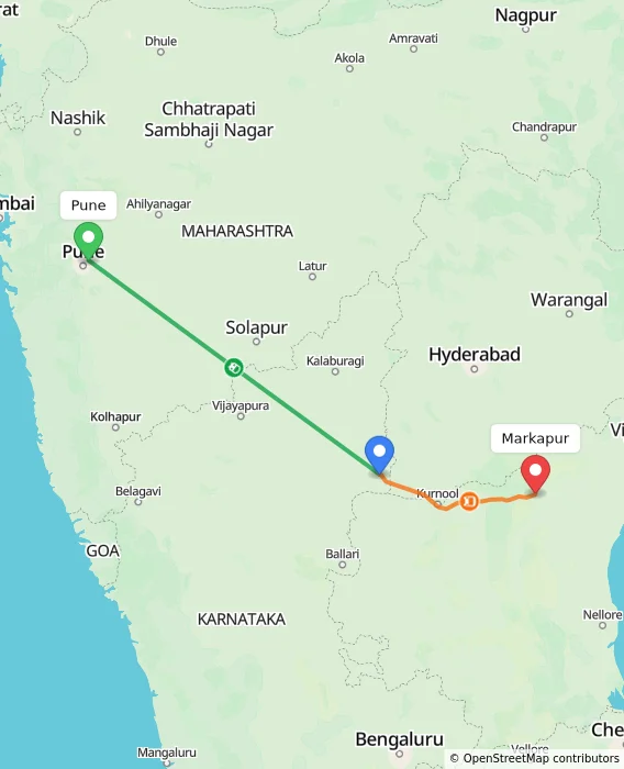 Route map showing distance and travel time from Pune, India to Markapur, India