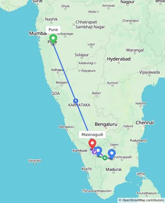Route map showing distance and travel time from Pune, India to Masinagudi, India