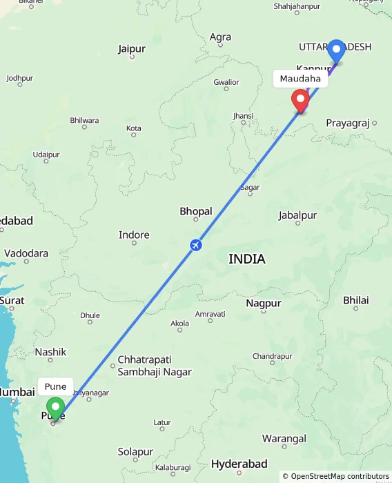 Route map showing distance and travel time from Pune, India to Maudaha, India