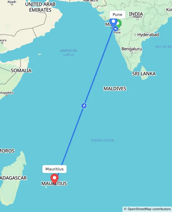 Route map showing distance and travel time from Pune, India to Mauritius, Mauritius