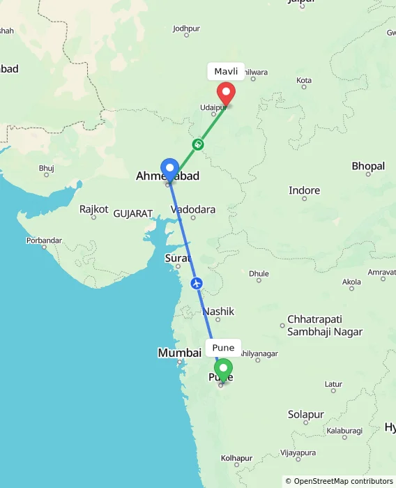 Route map showing distance and travel time from Pune, India to Mavli, India