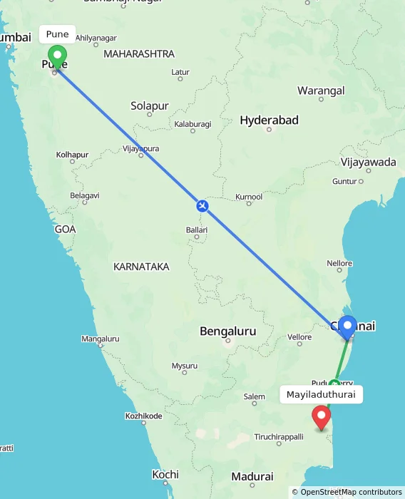 Route map showing distance and travel time from Pune, India to Mayiladuthurai, India