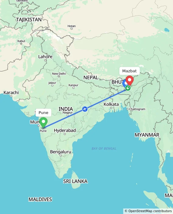 Route map showing distance and travel time from Pune, India to Mazbat, India