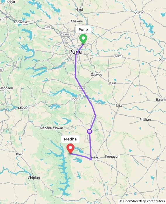 Route map showing distance and travel time from Pune, India to Medha, India