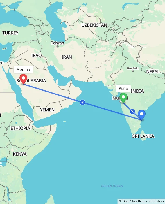 Route map showing distance and travel time from Pune, India to Medina, Saudi Arabia