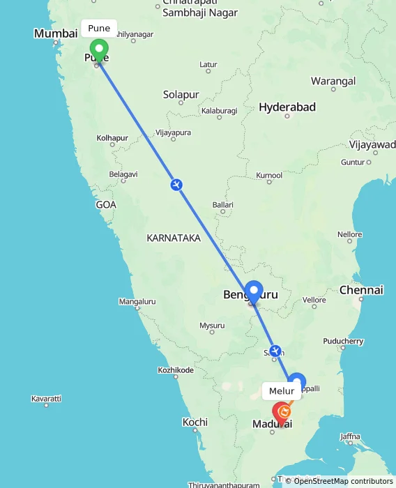 Route map showing distance and travel time from Pune, India to Melur, India