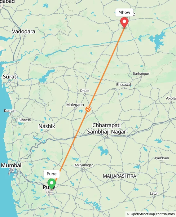 Route map showing distance and travel time from Pune, India to Mhow, India
