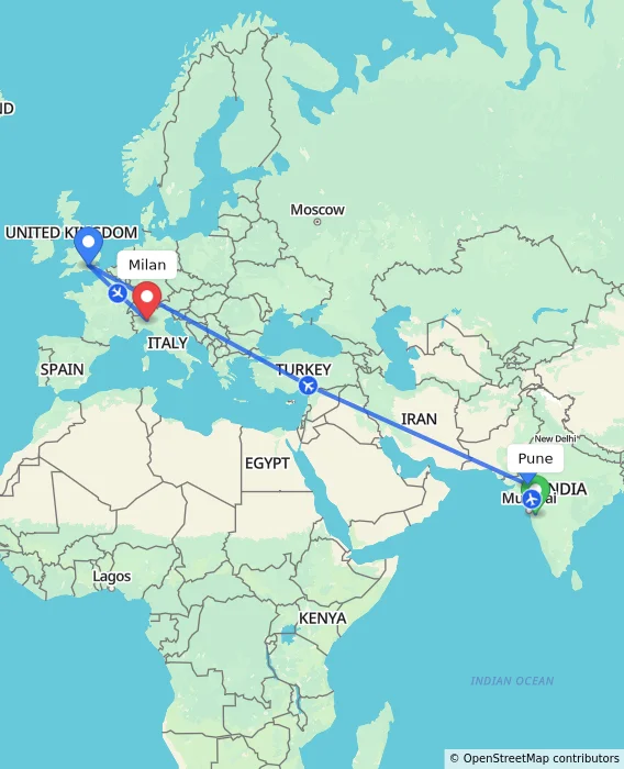Route map showing distance and travel time from Pune, India to Milan, Italy