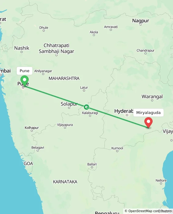 Route map showing distance and travel time from Pune, India to Miryalaguda, India