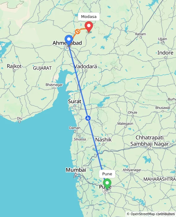 Route map showing distance and travel time from Pune, India to Modasa, India