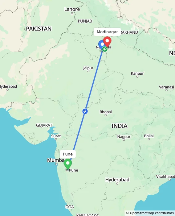 Route map showing distance and travel time from Pune, India to Modinagar, India