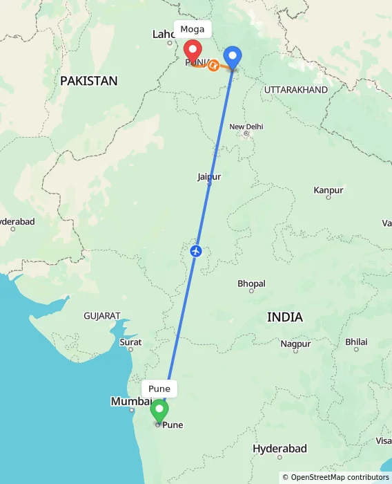 Route map showing distance and travel time from Pune, India to Moga, India