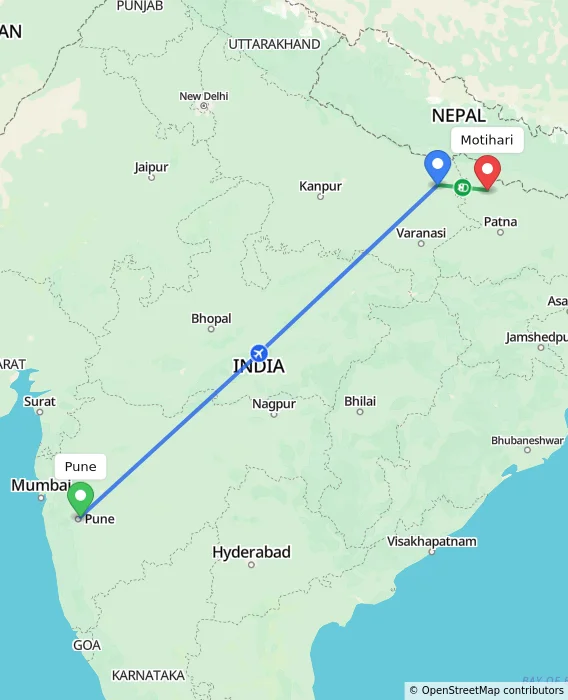 Route map showing distance and travel time from Pune, India to Motihari, India