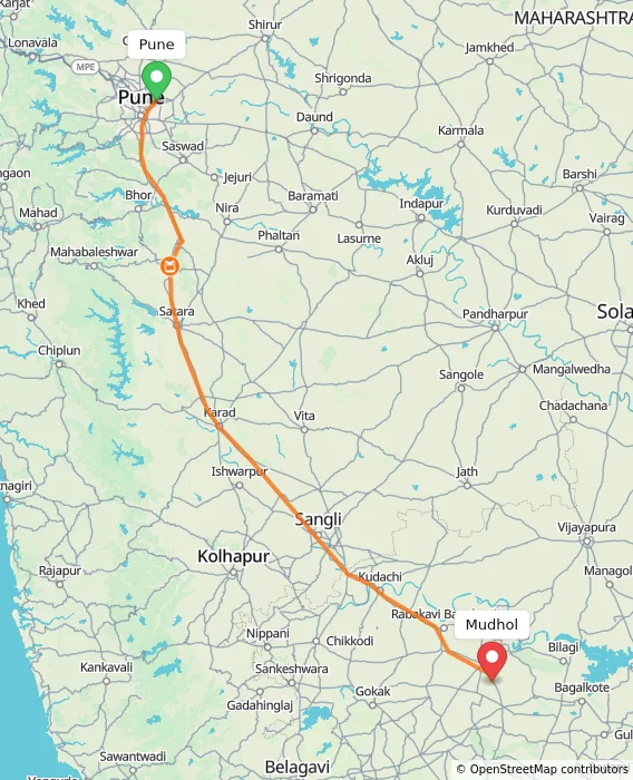 Route map showing distance and travel time from Pune, India to Mudhol, India