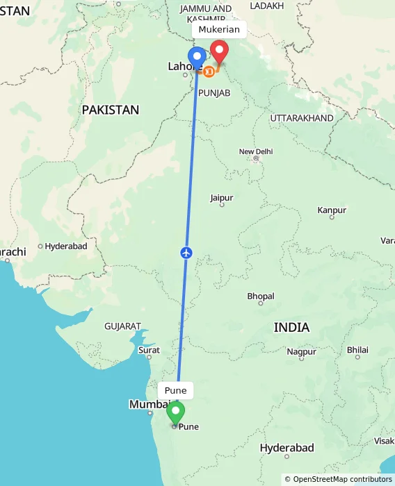 Route map showing distance and travel time from Pune, India to Mukerian, India