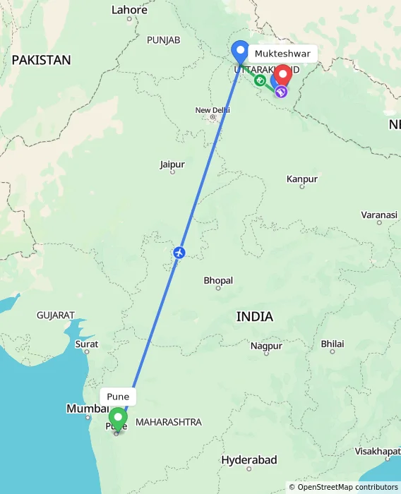 Route map showing distance and travel time from Pune, India to Mukteshwar, India
