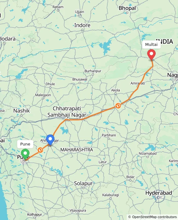 Route map showing distance and travel time from Pune, India to Multai, India