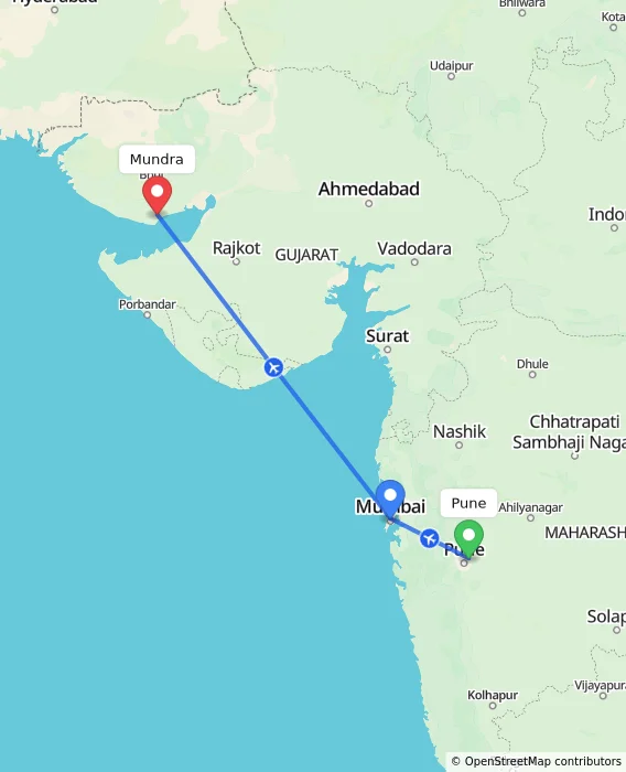 Route map showing distance and travel time from Pune, India to Mundra, India