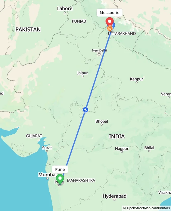 Route map showing distance and travel time from Pune, India to Mussoorie, India