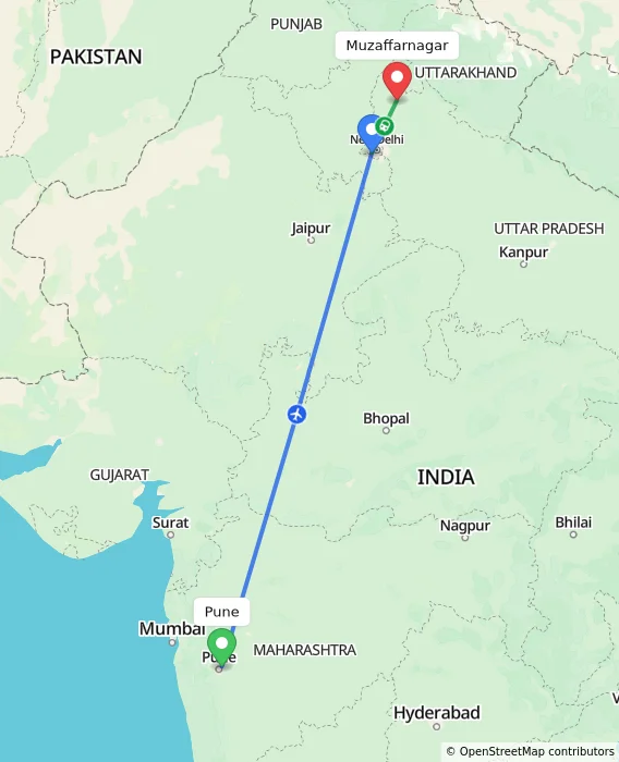 Route map showing distance and travel time from Pune, India to Muzaffarnagar, India