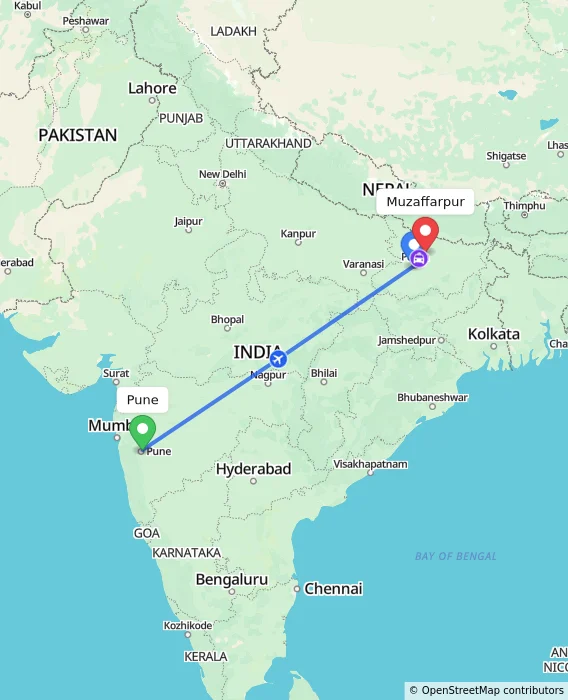 Route map showing distance and travel time from Pune, India to Muzaffarpur, India