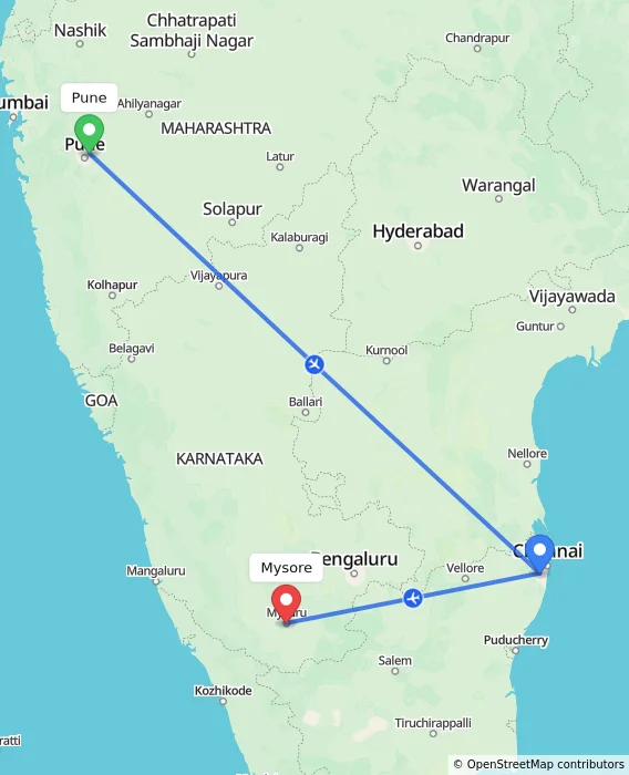 Route map showing distance and travel time from Pune, India to Mysore, India