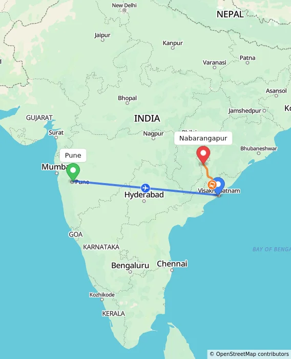 Route map showing distance and travel time from Pune, India to Nabarangapur, India