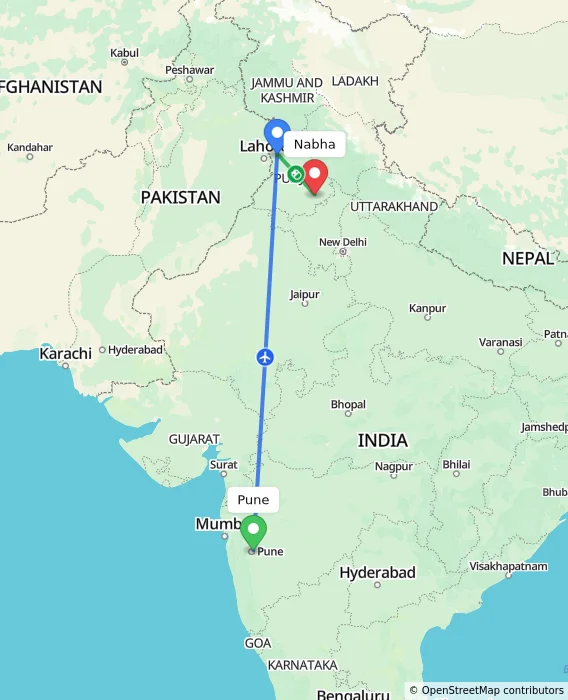 Route map showing distance and travel time from Pune, India to Nabha, India