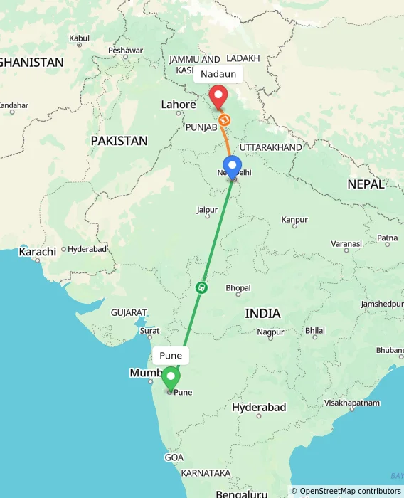Route map showing distance and travel time from Pune, India to Nadaun, India