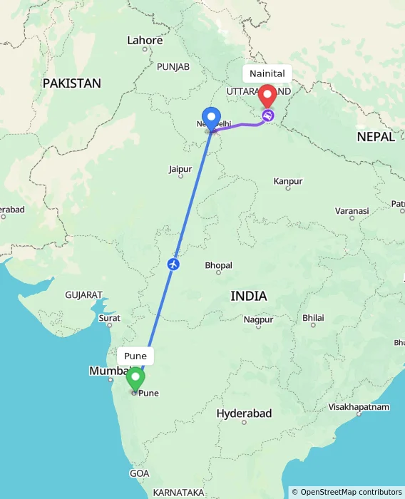 Route map showing distance and travel time from Pune, India to Nainital, India